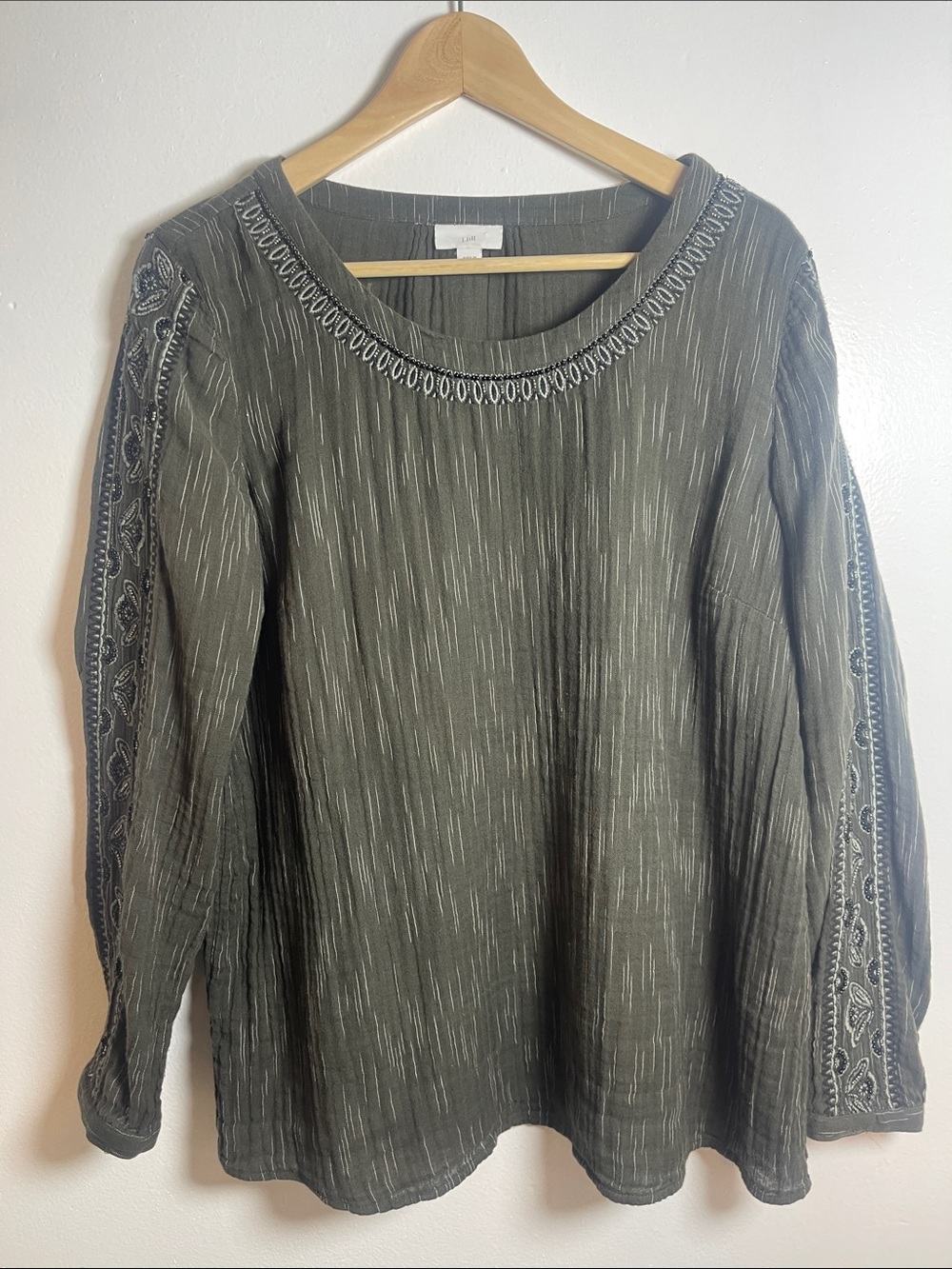 J. Jill Olive Green Embroidered Long-Sleeve Top Size: M